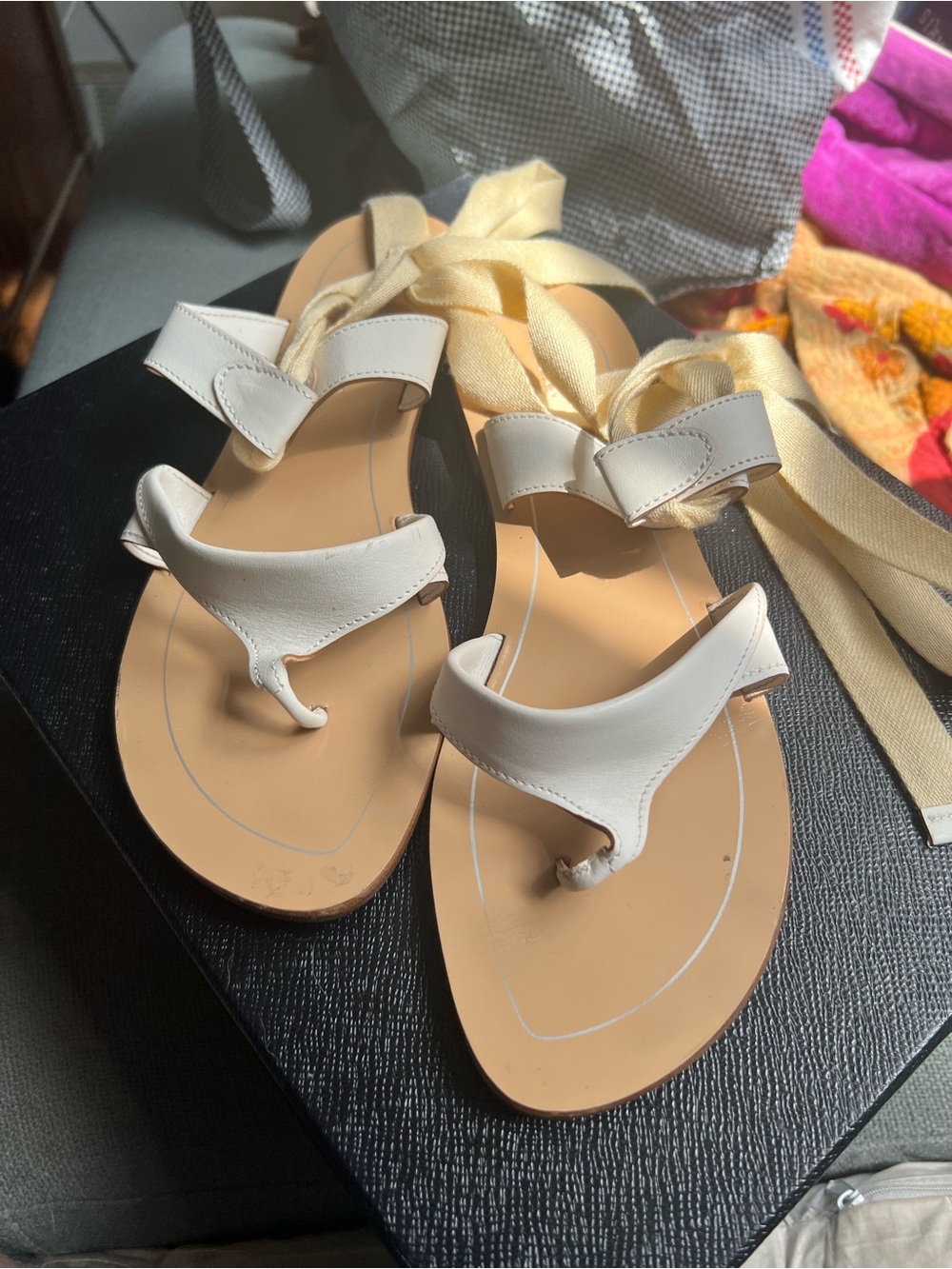 Sarah Flint White Leather Toe-Post Sandals